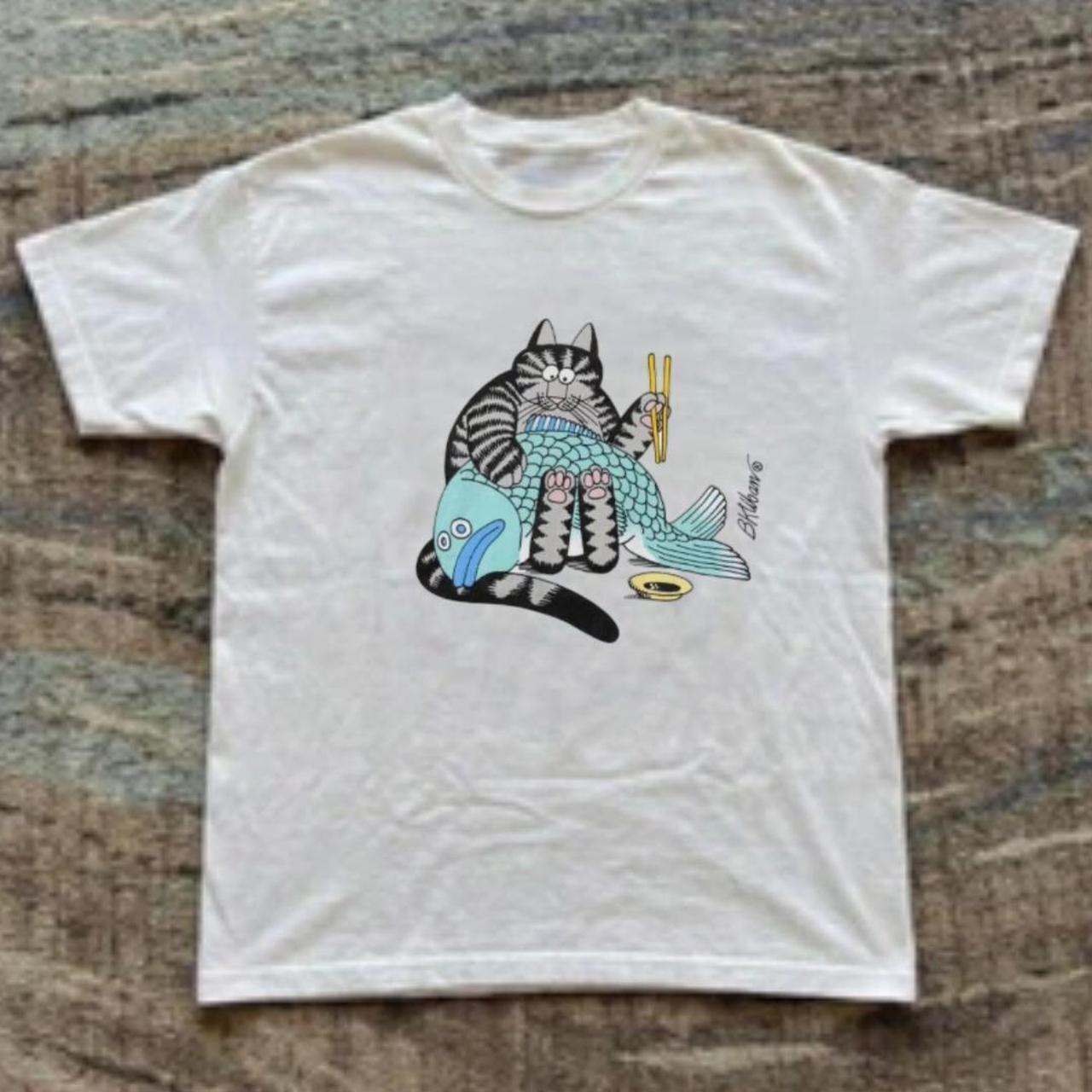 White Cat Eating Fish T Shirt